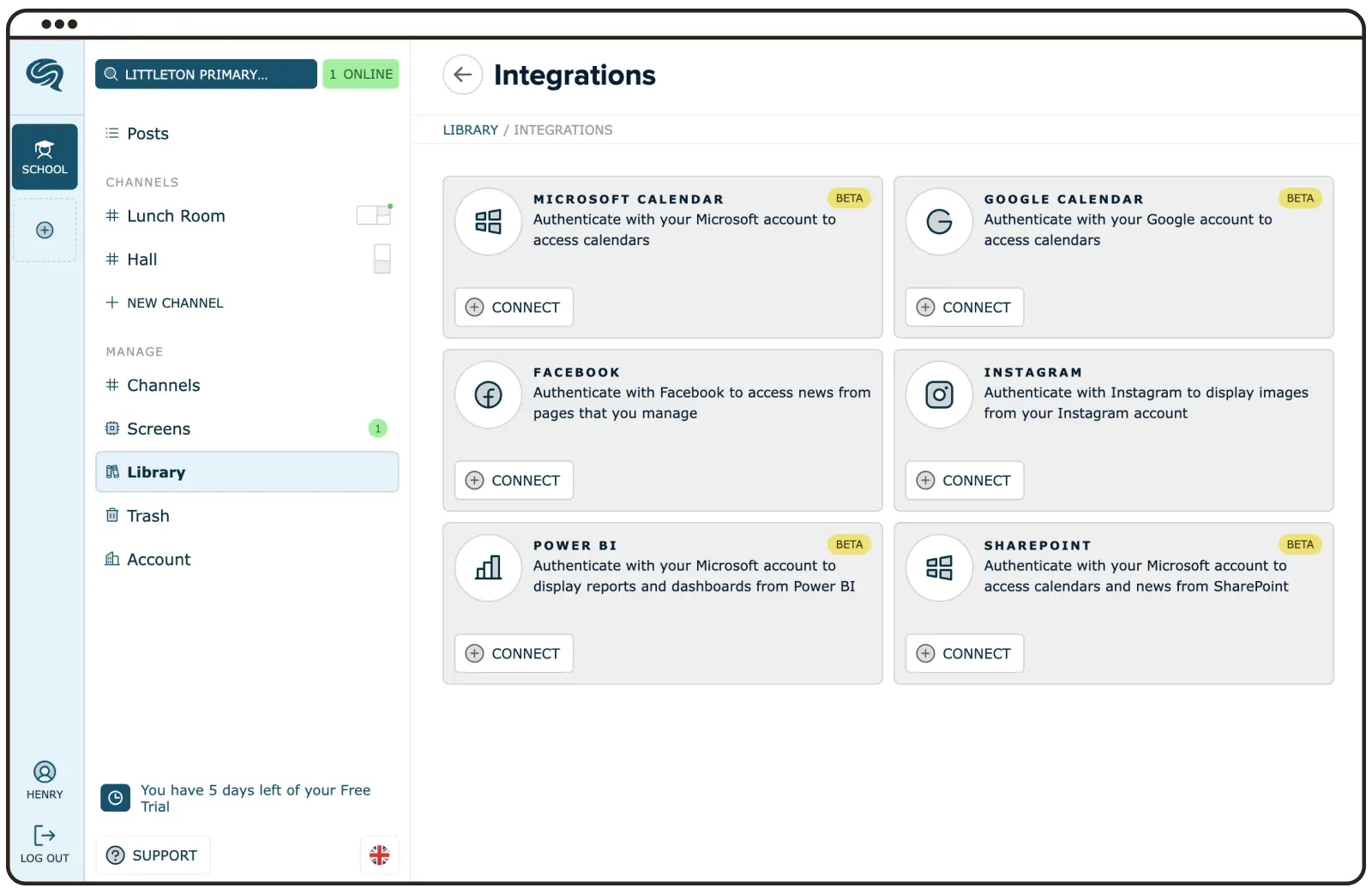 Screenshot from the user interface of PinToMind. Shows an overview of the integrations.