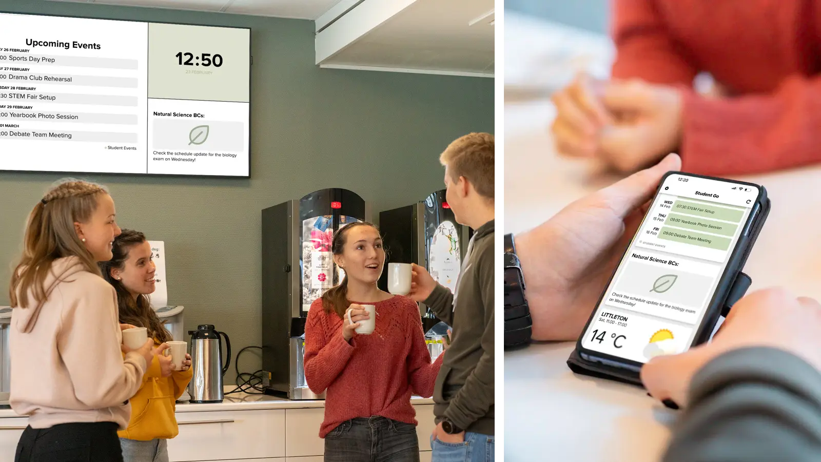 Two photos from a school cafeteria, one with a group of students in front of a digital noticeboard, the with hands holding a mobile with content from our app.