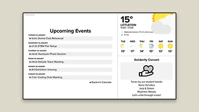 Information screen displaying calendar events, weather forecasts, and a short message