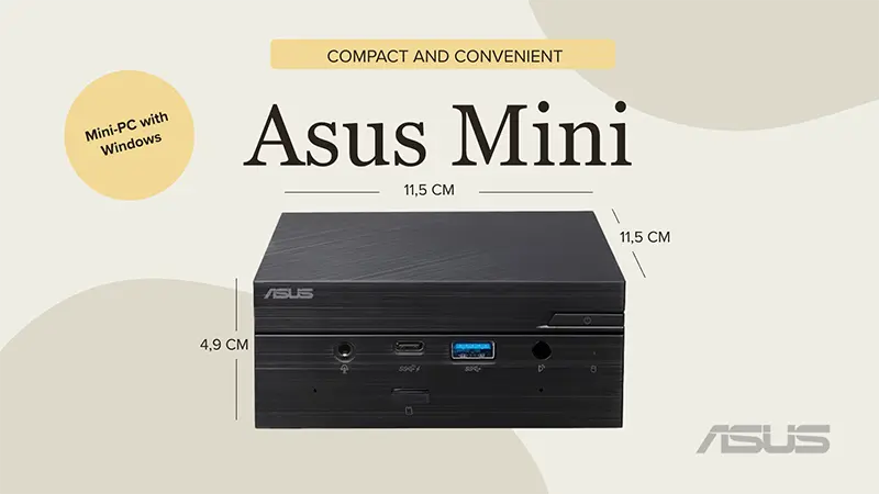 Illustration of an Asus Mini PC with Windows, measuring 11.5 cm wide, 11.5 cm deep, and 4.9 cm high.