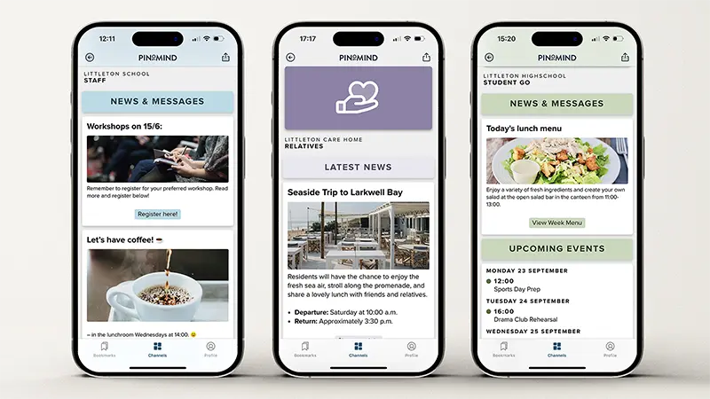 Graphic with three mobile screens showing the PinToMind Go app in use with channels tailored for school staff, relatives at care homes, and high school students.