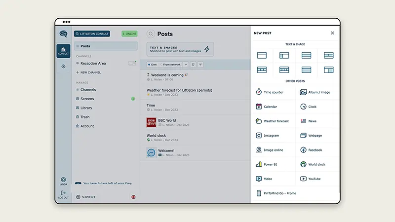 Graphic with screenshots of PinToMind's user interface, showcasing the overview menu of posting templates.