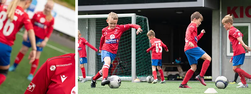 Photos showing the Norwegian version of the PinToMind logo on the team uniforms and a boy practicing with a ball.