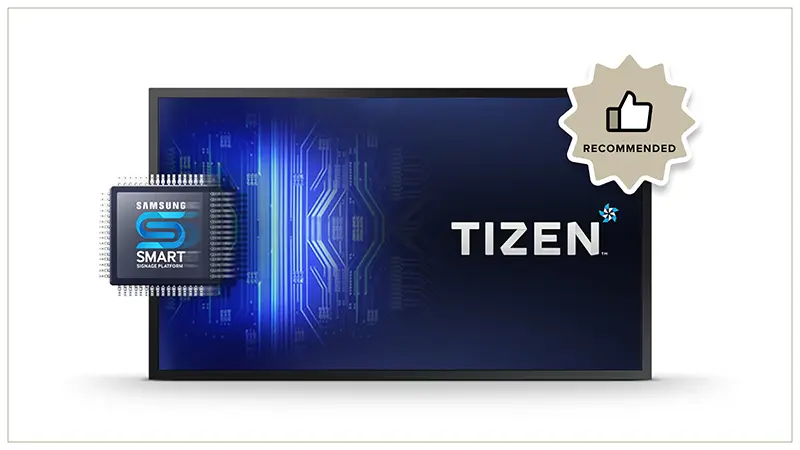 Graphic showing a Samsung SMART Signage screen with Tizen, labeled as recommended. Graphic.