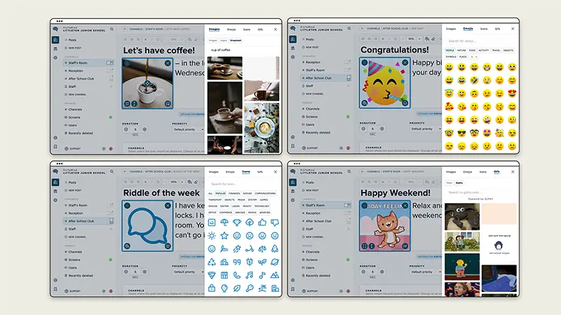 4 screenshots from the PinToMind user interface showing how to create posts with images from Unsplash, posts with large emojis and icons or gifs.