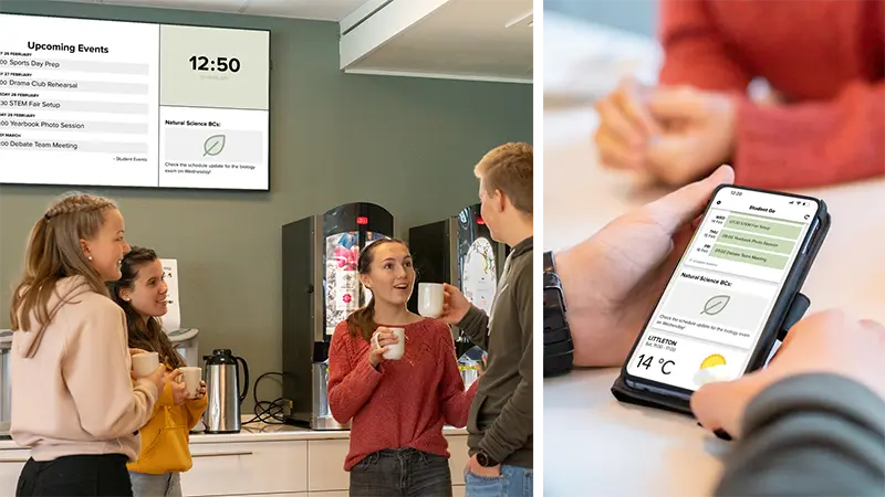 School canteen with students. Upcoming events in a calendar post on an information screen and a phone. Photo.