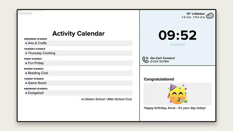 A screen displaying an after-school club activity calendar, a clock post, and a birthday greeting. Graphics.