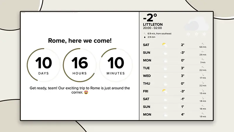 Information screen displaying a time counter counting down to a trip to Rome.