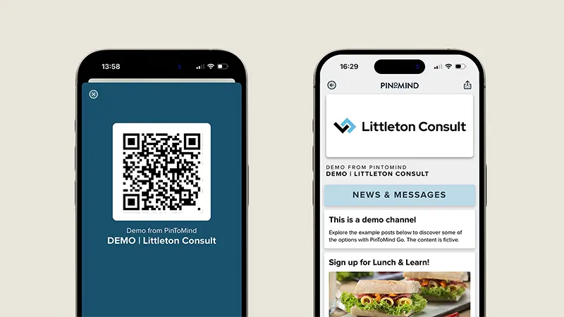 Graphics showing two phones with screenshots from the PinToMind Go app, one with the QR code to our demo channel, the other with a screenshot from the demo.