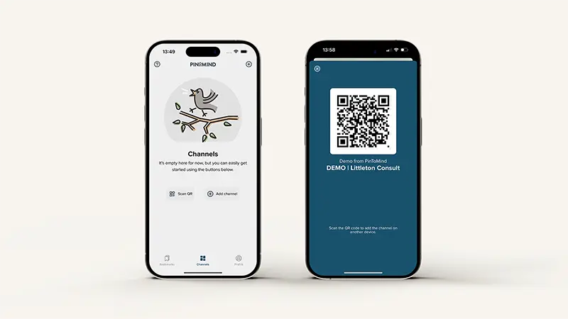 Graphics showing two phones with screenshots from the PinToMind Go app, one with the QR code to our demo channel.