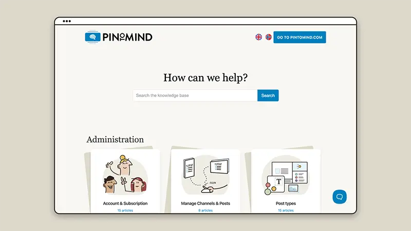 Easily accessible self-help on the PinToMind support pages.