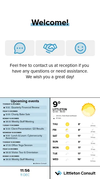 Digital notice board displaying calendars and weather forecasts.