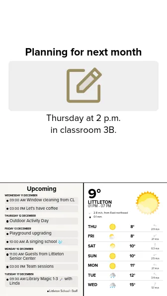 Digital notice board displaying calendars and weather forecasts.